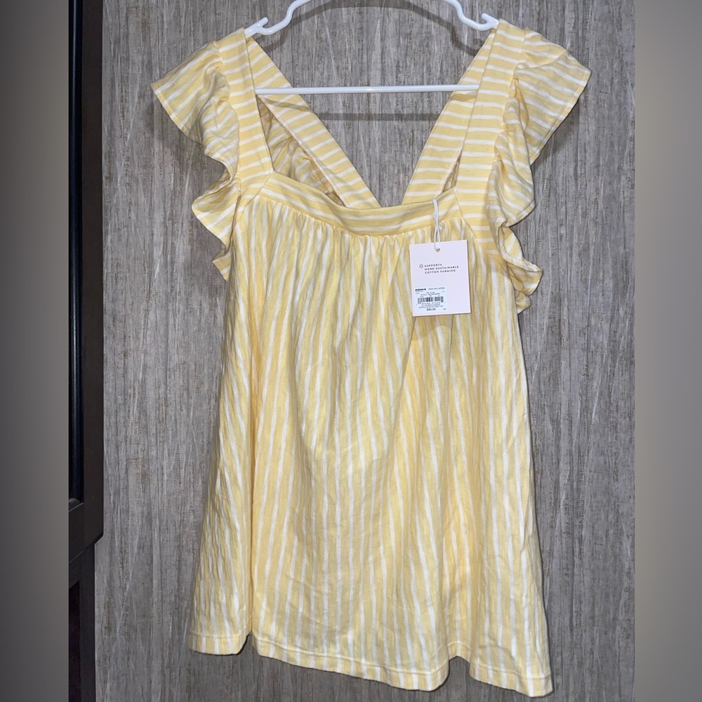 NWT XS Lauren Conrad Ruffled Sleeve Cross-back Top, Yellow & White Stripes